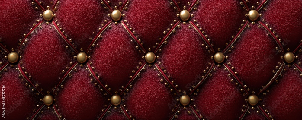 Obraz premium Luxurious burgundy tufted leather background with a diamond pattern and gold button accents