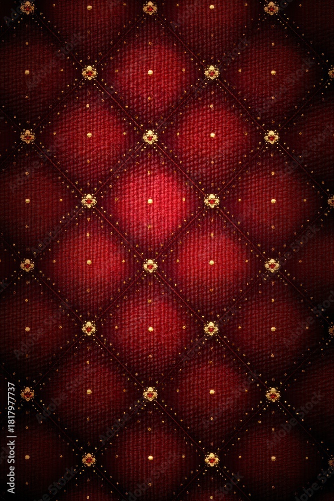 Obraz premium Luxurious burgundy tufted diamond upholstery with gold studs, rich red velvet texture for elegant decor