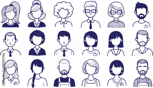 Vector art of diverse group of people avatars, outline style, isolated on