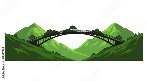 Stunning arched bridge connects lush green mountain valleys creating a majestic landscape journey