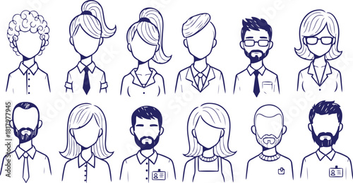Vector art of diverse group of handdrawn avatar outlines of people, isolated on