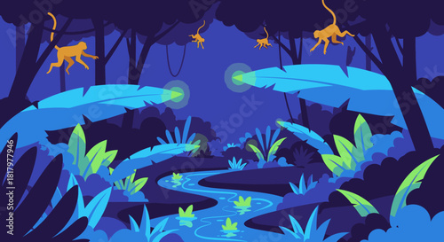 Playful monkeys gracefully swing through a mystical, glowing jungle at night, illuminated by bioluminescent plants and a winding river.