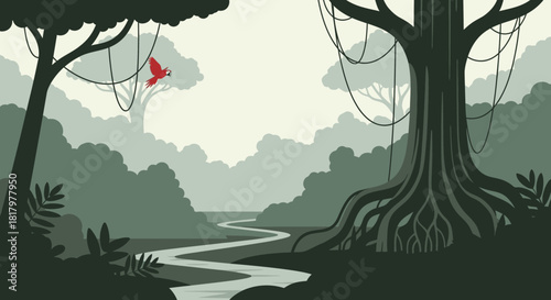 A serene stylized illustration depicts a lush tropical jungle, with a winding river, ancient trees displaying their extensive roots, and a vibrant red bird.