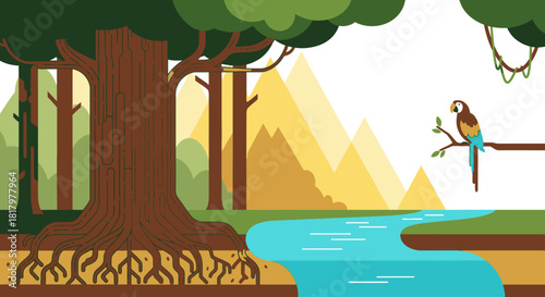 A vibrant vector illustration portrays lush tropical forest ecosystem, featuring majestic tree, winding river, distant mountains, and a colorful parrot, symbolizing biodiversity.