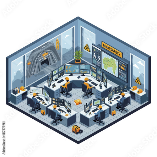 Mining control room with operators monitoring operations and safety.