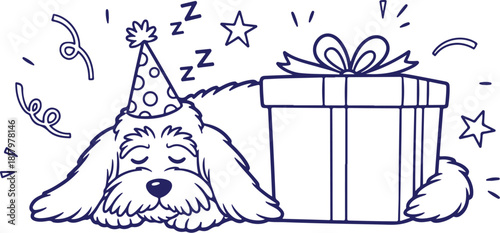 Vector art of cute cartoon dog sleeping with party hat and gift box, isolated on