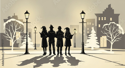 A quartet of silhouetted carol singers performing on a winter evening.