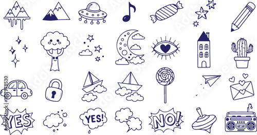 Vector art of collection of handdrawn doodle icons and symbols isolated on