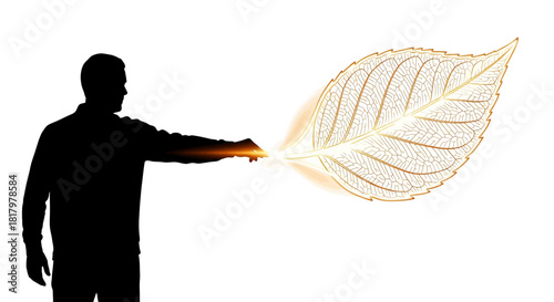 Silhouette man creating glowing golden leaf, symbolizing innovation, growth, and new beginnings in a bright, abstract concept