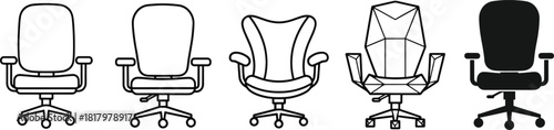 Various office chairs vector icon set. ergonomic swivel seats with wheels for business workspace, modern and classic design illustrations for comfortable desk furniture. Vector