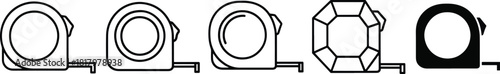 Five different tape measure icons presented in various line art and solid fill styles, illustrating concepts of measurement, construction, diy, and tools. Vector