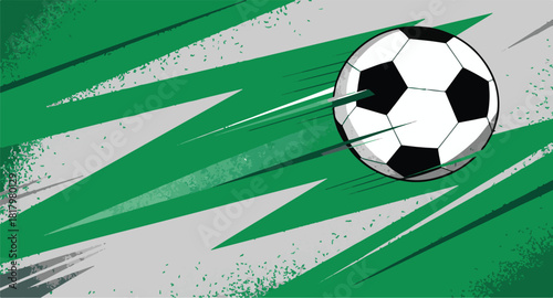 <vector> Soccer ball in dynamic motion with vibrant green lines and grunge effect background </vector>