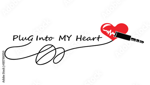 Creative illustration of a red heart with a heartbeat line and a black audio jack connected by a wire symbolizing connection and love