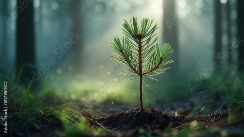 Tiny pine seedling in a misty forest