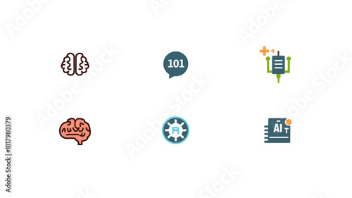 Flat vector icon set featuring artificial intelligence concepts including brains, computer chips, puzzle pieces, and technological symbols in blue and orange.