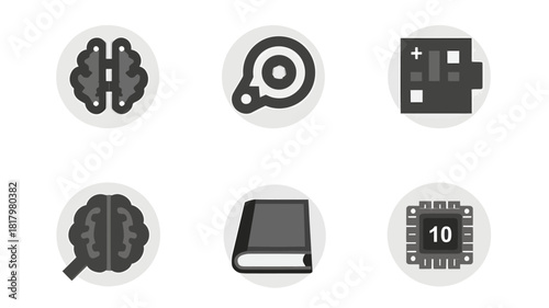 Flat vector icon set featuring artificial intelligence concepts including brains, computer chips, puzzle pieces, and technological symbols in blue and orange.