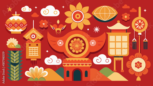 Traditional Chinese New Year Elements Vector Set – Asian Oriental Ornaments, Festive Lunar Symbols, Clouds, Flowers, and Cultural Decorative Patterns