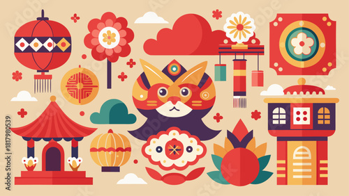 Traditional Chinese New Year Elements Vector Set – Asian Oriental Ornaments, Festive Lunar Symbols, Clouds, Flowers, and Cultural Decorative Patterns