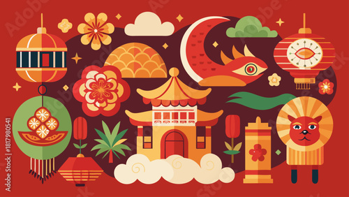 Traditional Chinese New Year Elements Vector Set – Asian Oriental Ornaments, Festive Lunar Symbols, Clouds, Flowers, and Cultural Decorative Patterns