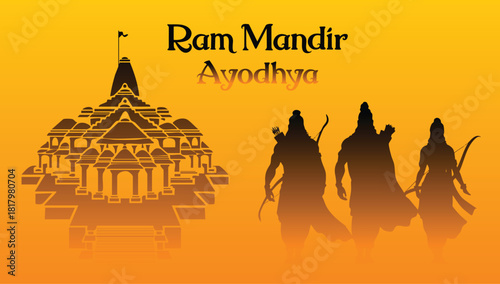 Ram Mandir Ayodhya Silhouette, Vector Illustration on Orange Background.