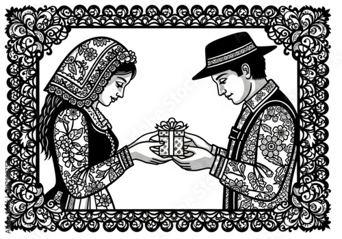 Black and white vintage illustration of a man and woman in folk costumes exchanging a gift.