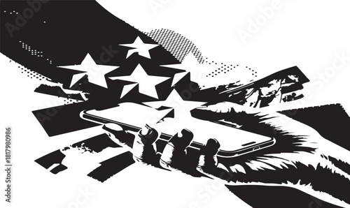 Vector graphic of a dark silhouette military jet with stars and grunge elements representing power and defense