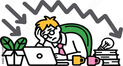 Stressed businessman vector illustration with arrows, padlocks, and a lightbulb depicting work challenges and pressure