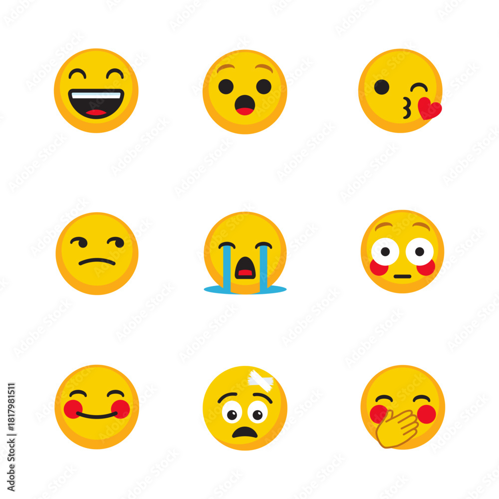 Fototapeta premium Collection of nine expressive yellow emoji faces on a white background