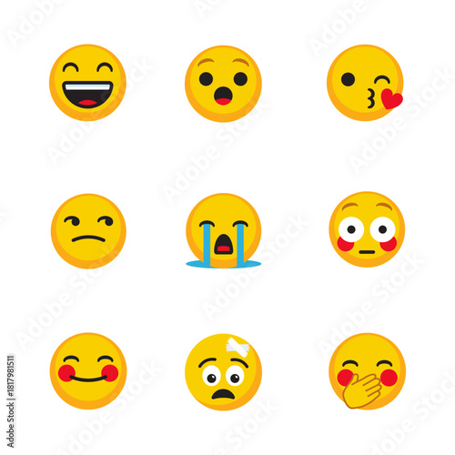 Collection of nine expressive yellow emoji faces on a white background