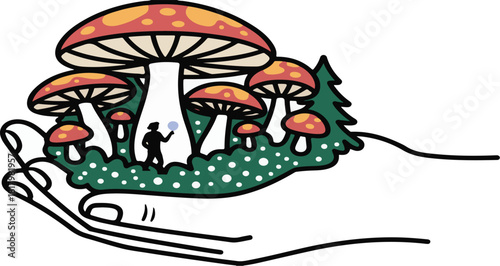 Human hand holding a miniature mushroom forest vector graphic with tiny person blowing bubbles and red spotted mushrooms