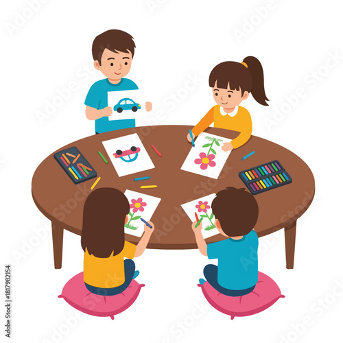 Children enjoying a creative art class, drawing and painting pictures at a round table