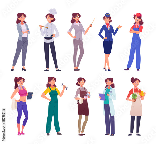 Cartoon female characters set with diverse of professions occupation