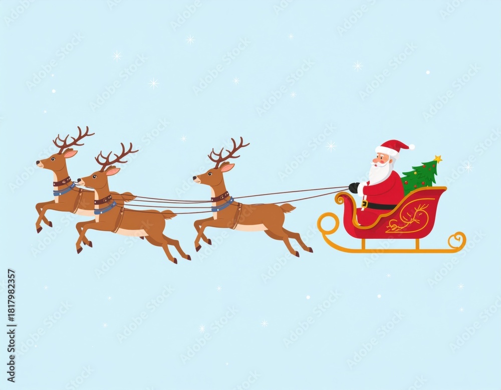 Fototapeta premium Santa Claus rides a sleigh pulled by three reindeer, delivering gifts with a Christmas tree, against a light blue snowy background.