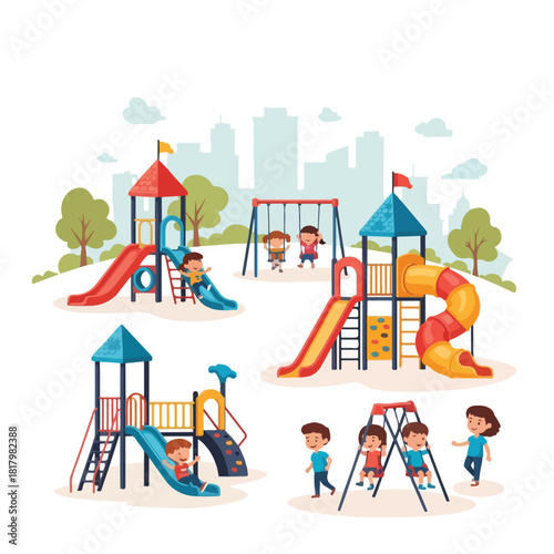 Children playing on a vibrant playground with slides and swings in a city park