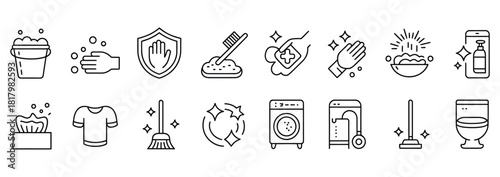 Keep your space sparkling clean with these essential cleaning icons, perfect for showcasing hygiene, household chores, and sanitation services promoting healthy and pristine environments today