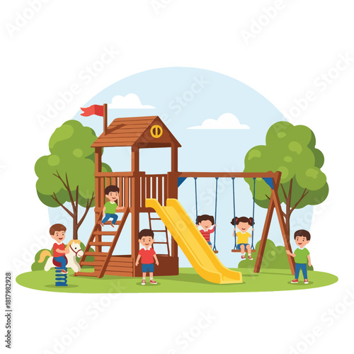 Children enjoying a vibrant playground with swings, slides, and a seesaw on a sunny day