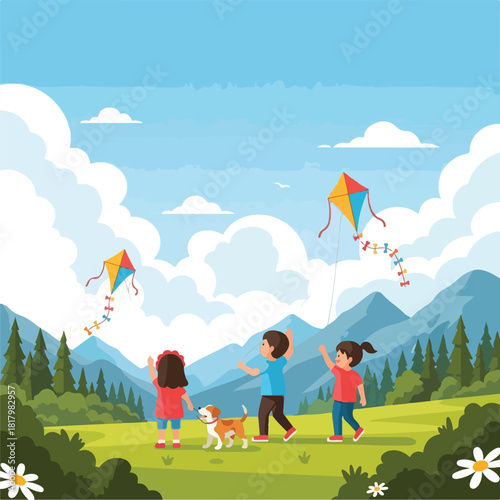 Children flying kites and playing with a dog in a scenic mountain landscape on a sunny day