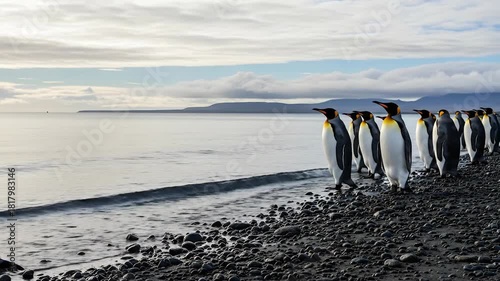 4k, A group of majestic king penguins walking in a line along a dark, rocky beach on a cloudy day, showcasing their distinctive yellow markings with natural lighting and