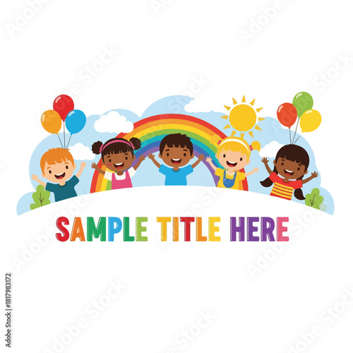 Joyful Children Celebrating Under a Vibrant Rainbow with Balloons