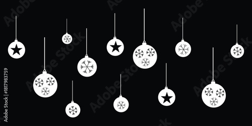 Own Created Merry Christmas card with white hanging balls decoration vector illustration isolated on black background.