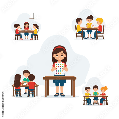 Children playing educational card games for learning colors and matching skills in a classroom setting