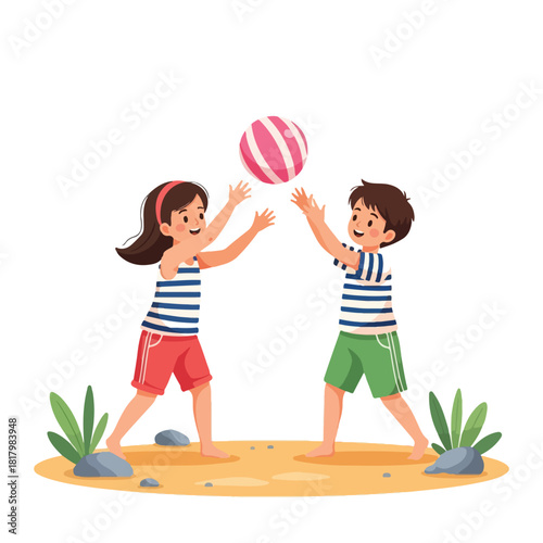 Two happy children playing with a ball on a sandy beach, enjoying outdoor summer activities and fun games