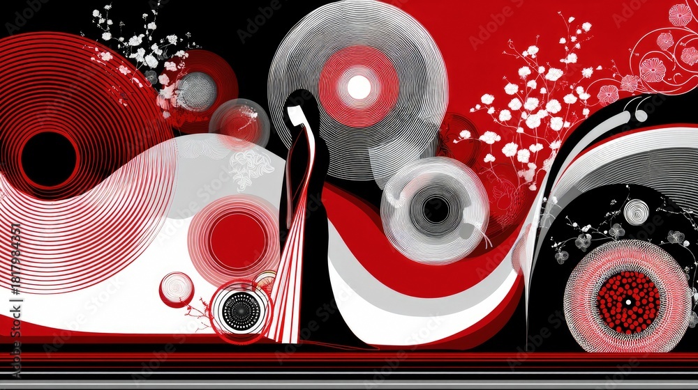 Obraz premium A stylized illustration of a woman in a long, dark traditional dress standing amidst a dynamic composition of abstract circular shapes in red, black, and white,