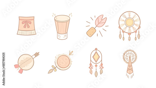 Cultural vector icon set featuring tribal motifs such as drums with feathers, arrows, shields, dreamcatchers, and traditional headdresses.