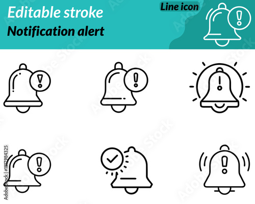 Notification set line icon. The body of the bell includes subtle curvature and balanced proportions to maintain visual harmony. A small clapper the bottom provides a recognizable silhouette ensuring.