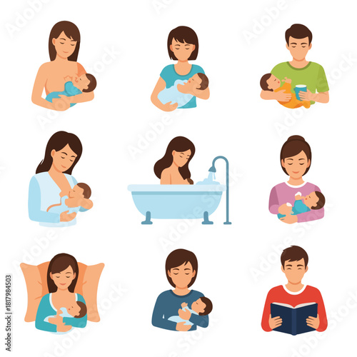 Illustrations of mothers and fathers caring for their babies, depicting nurturing moments