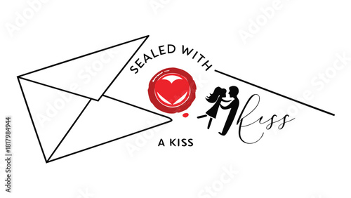 Romantic illustration of an envelope sealed with a red heart wax seal and a couple kissing conveying love and affection