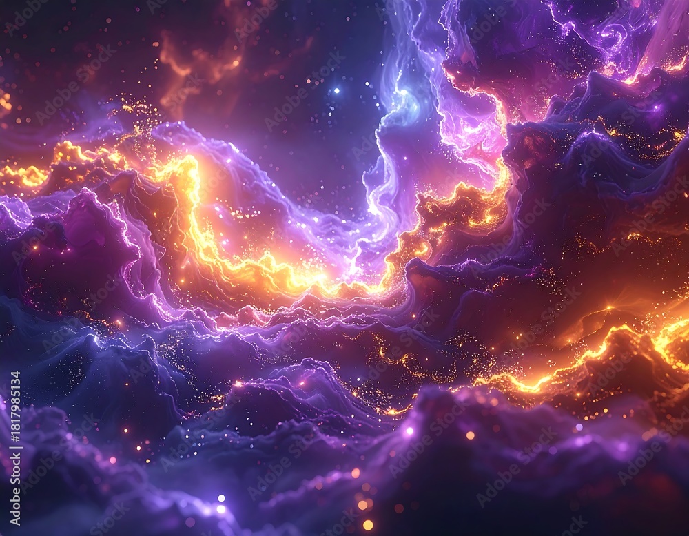 Fototapeta premium Vivid cosmic clouds swirl in radiant hues of gold and purple