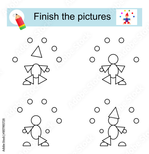 Activity for kids. Finish the pictures so that they all look the same. Cartoon juggler.