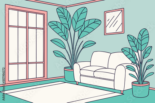 Pastel living room with two tall plants and white sofa vector illustration